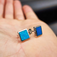 Solid 925 Sterling Silver & 8mm Created Opal Square Stud Earrings