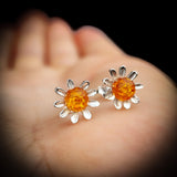 Solid 925 Sterling Silver & 9mm Natural Amber Daisey Stud Earrings
