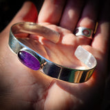 Solid 925 Sterling Silver & Natural Amethyst Oval Cuff Bracelet