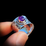 (Q) Solid 925 Sterling Silver & Natural Amethyst Textured Wide Band Ring