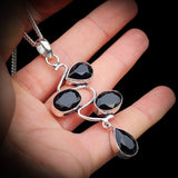 Solid 925 Sterling Silver & Natural Black Onyx Handmade Multi Setting Wave Necklace