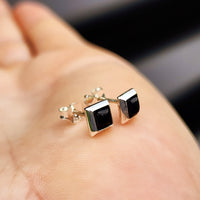 Solid 925 Sterling Silver & 6mm Black Onyx Square Stud Earrings