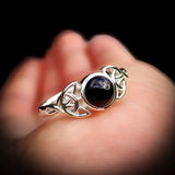 (Q) Solid 925 Sterling Silver & Natural Black Onyx Celtic Knot Ring