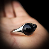 Solid 925 Sterling Silver & Natural Black Onyx 10mm Round Signet Ring