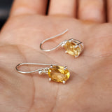 Solid 925 Sterling Silver Clawed Citrine Stone Hook Earrings