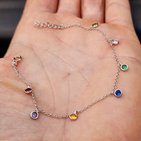 Solid 925 Sterling Silver & Colored Round CZ Chain Bracelet