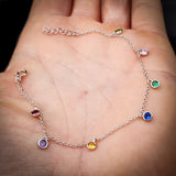 Solid 925 Sterling Silver & Colored Round CZ Chain Bracelet