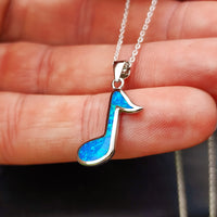Solid 925 Sterling Silver & Created Blue Opal Music Note Pendant Necklace