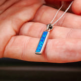 Solid 925 Sterling Silver & Created Blue Opal Rectangle Pendant Necklace