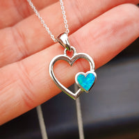 Solid 925 Sterling Silver & Created Blue Opal Double Heart Pendant Necklace