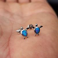 Solid 925 Sterling Silver & 8mm Created Opal Turtle Stud Earrings