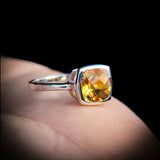 Solid 925 Sterling Silver & Natural Citrine Square Faceted Stone Ring