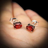 Natural Garnet & Solid 925 Sterling Silver Oval Stud Earrings