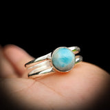 (Q) Solid 925 Sterling Silver & Natural Larimar Double Band Ring