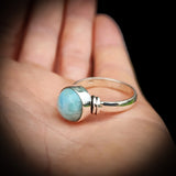 Solid 925 Sterling Silver & Natural Larimar Handmade Round Solitaire Ring