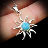 925 Sterling Silver & Natural Larimar Sun Pendant Necklace