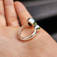 (Q) Solid 925 Sterling Silver & Natural Larimar With Blue Topaz Double Stone Ring