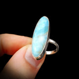 (Y) 925 Sterling Silver & Natural Larimar Long Oval Handmade Ring
