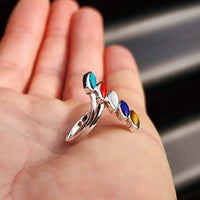 Solid 925 Sterling Silver & Natural Mixed Gemstone Leaf Ring