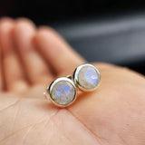 Solid 925 Sterling Silver & 7mm Natural Moonstone Round Stud Earrings