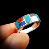(T) Solid 925 Sterling Silver & Natural Mixed Gemstone Band Ring