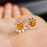 Solid 925 Sterling Silver & 9mm Natural Amber Daisey Stud Earrings