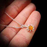 Solid 925 Sterling Silver & Natural Amber Daisey Pendant Necklace