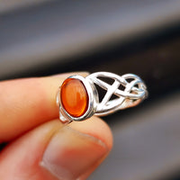 (R) Solid 925 Sterling Silver & Natural Oval Amber Celtic Ring