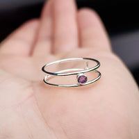 Solid 925 Sterling Silver & Natural Amethyst  Double Band Ring