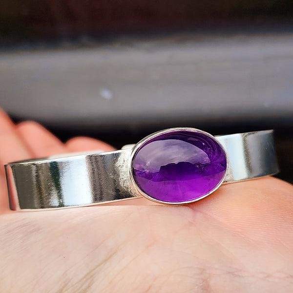 Solid 925 Sterling Silver & Natural Amethyst Oval Cuff Bracelet