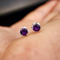 Solid 925 Sterling Silver & 5mm Natural Amethyst Round Claw Stud Earrings