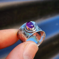 Solid 925 Sterling Silver & Natural Amethyst Textured Wide Band Ring