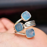 (Adjustable) Solid 925 Sterling Silver & Natural Aquamarine 3x Setting Ring