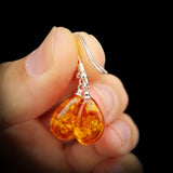 Solid 925 Sterling Silver & Cognac Amber Hanging Waterdrop Earrings