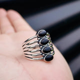 (T) Solid 925 Sterling Silver & Natural Black Onyx 4 Setting Cage Ring