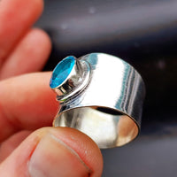 Rustic Handmade Solid 925 Sterling Silver & Natural Blue Topaz Cuff Ring