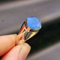 (V) Solid 925 Sterling Silver & Natural Chalcedony Handmade Diamond Cut Ring