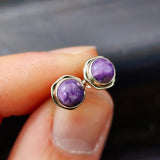 925 Sterling Silver & 6mm Natural Charoite Round Stud Earrings