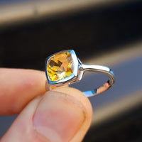 Solid 925 Sterling Silver & Natural Citrine Square Faceted Stone Ring