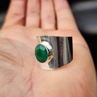 (Y) Solid Sterling Silver & Natural Emerald Handmade Rustic Cuff Ring