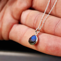 Solid 925 Sterling Silver & Natural Labradorite Faceted 9mm Drop Pendant Necklace