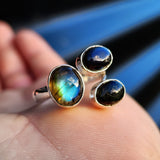 Solid 925 Sterling Silver & Natural Labradorite Cluster Ring