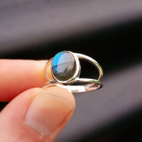 Solid 925 Sterling Silver & Natural Labradorite Double Band Ring