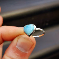 (Q) Solid 925 Sterling Silver & Natural Larimar Heart Ring