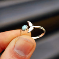 Adjustable Solid 925 Sterling Silver & Natural Larimar Whale Tail Ring