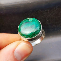 Solid 925 Sterling Silver & Natural Malachite Round Solitaire Handmade Ring
