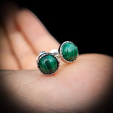 Solid 925 Sterling Silver & 7mm Natural Malachite Round Stud Earrings