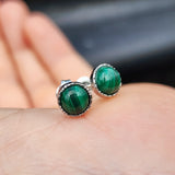 Solid 925 Sterling Silver & 7mm Natural Malachite Round Stud Earrings