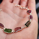 Solid 925 Sterling Silver & Natural Raw Mixed Tourmaline Chain Bracelet