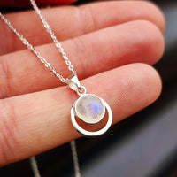 Solid 925 Sterling Silver & Natural Moonstone 12mm Round Pendant Necklace